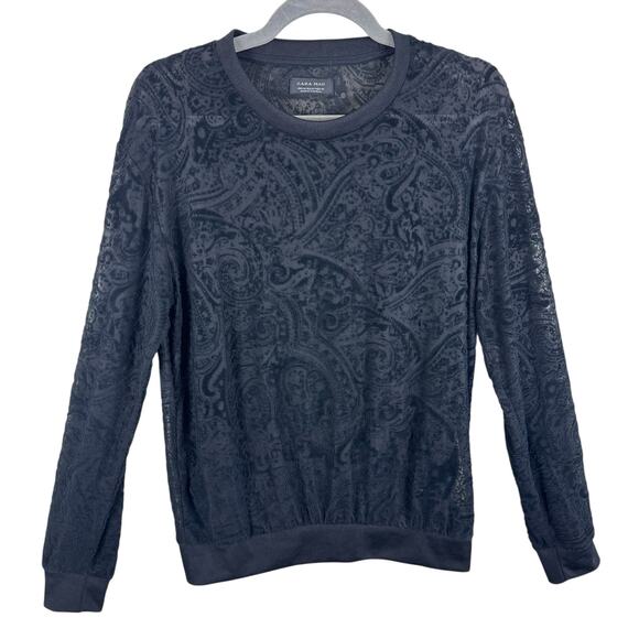 ZARA MAN Black Velvet Paisley Sheer Long Sleeve Crew Neck Pullover Men's Size M - Picture 1 of 4